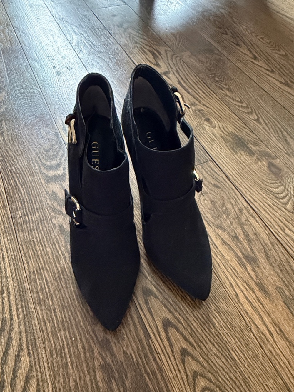 GUESS Black Pointed Toe Buckle Ankle Booties